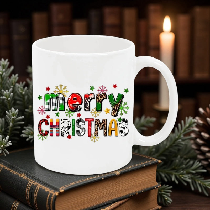Tailorly White Ceramic 11 oz Mug - Merry Christmas Festive Plaid Leopard And Cow Print Pattern Letters With Snowflakes Mug