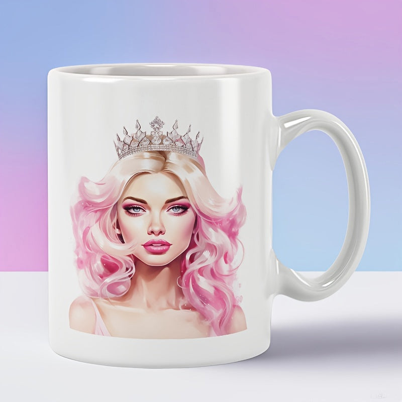 Tailorly White Ceramic 11 oz Mug - Elegant Girl With Flowing Pink Wavy Hair Wearing Shining Silver Tiara Woman