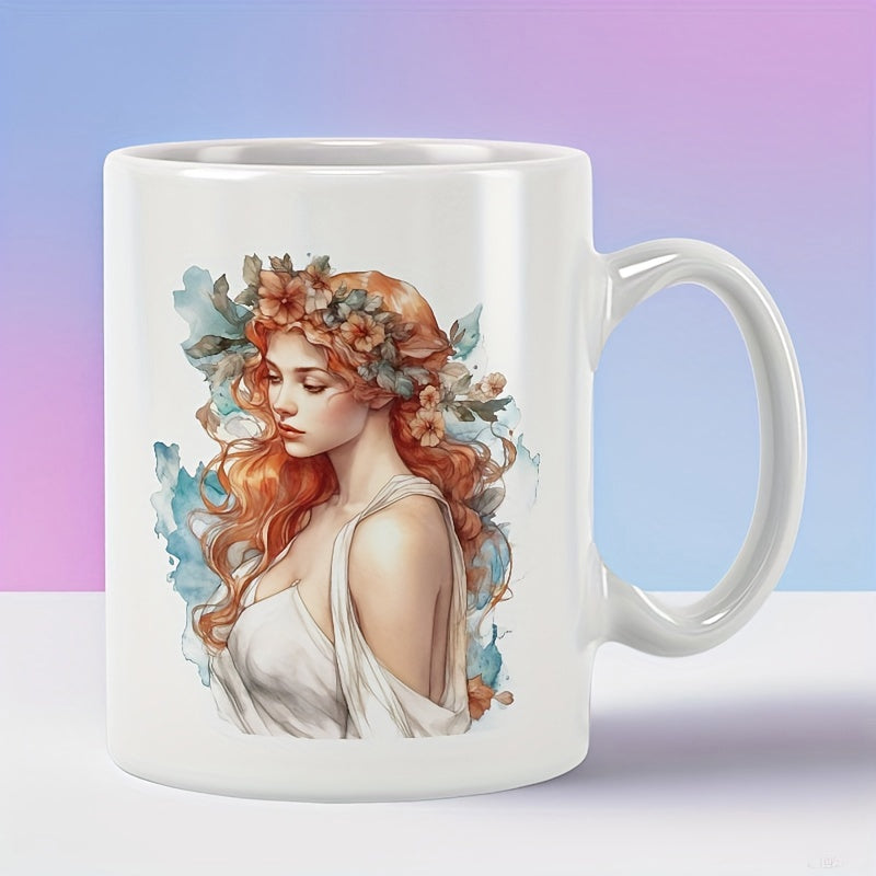 Tailorly White Ceramic 11 oz Mug - Elegant Red Haired Goddess Wearing Vibrant Floral Crown With Artistic Watercolor Splashes Woman