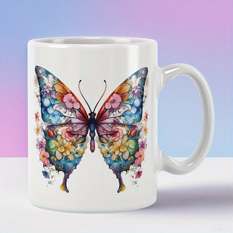 Tailorly White Ceramic 11 oz Mug - Colorful Artistic Butterfly Wings Filled With Blooming Vibrant Spring Flowers Butterfly