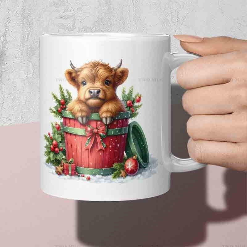 Tailorly White Ceramic 11 oz Mug - Adorable Fluffy Highland Calf Sitting Inside Festive Red Ribbon Gift Bucket Cow