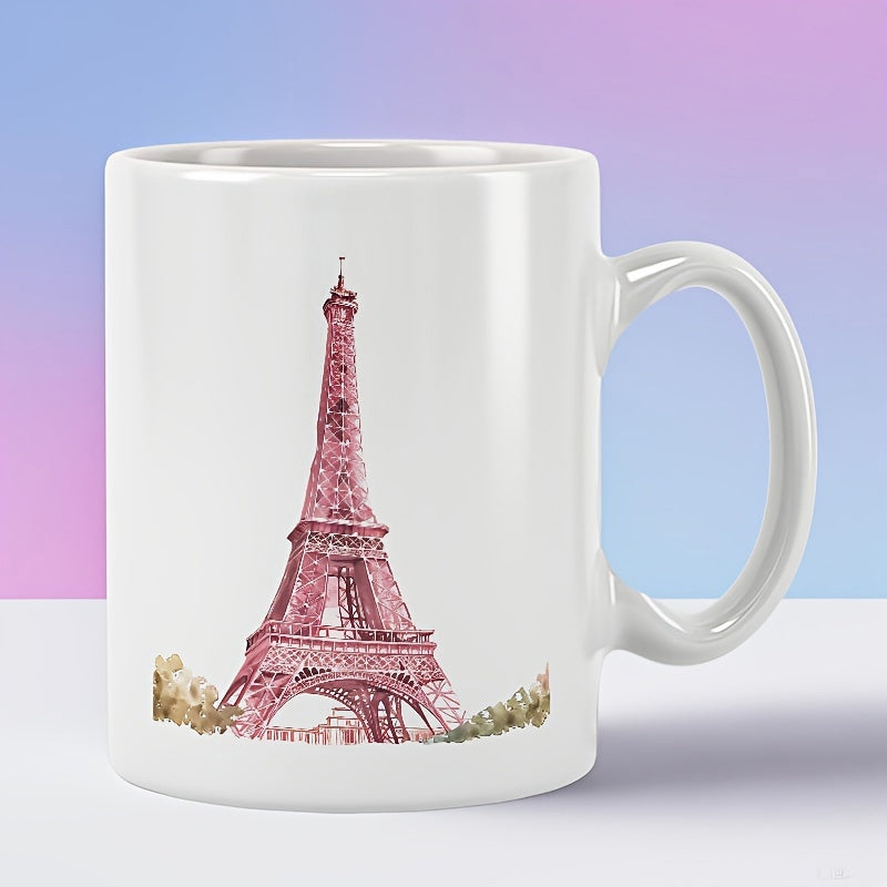 Tailorly White Ceramic 11 oz Mug - Elegant Pink Watercolor Style Painting Of The Iconic Parisian Landmark Eiffel Tower