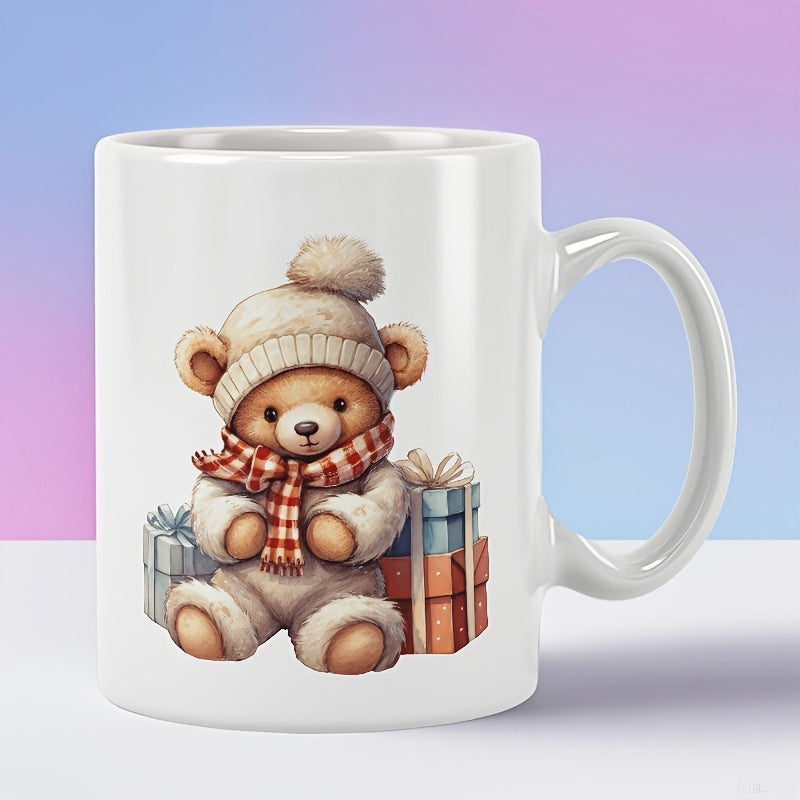 Tailorly White Ceramic 11 oz Mug - Adorable Plush Sitting Beside Colorful Wrapped Presents Wearing Winter Gear Teddy Bear