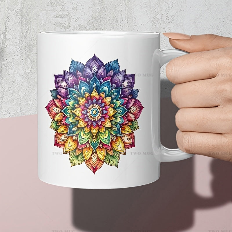 Tailorly White Ceramic 11 oz Mug - Vibrant Layered Petals Form A Symmetrical Rainbow Floral Pattern Mandala