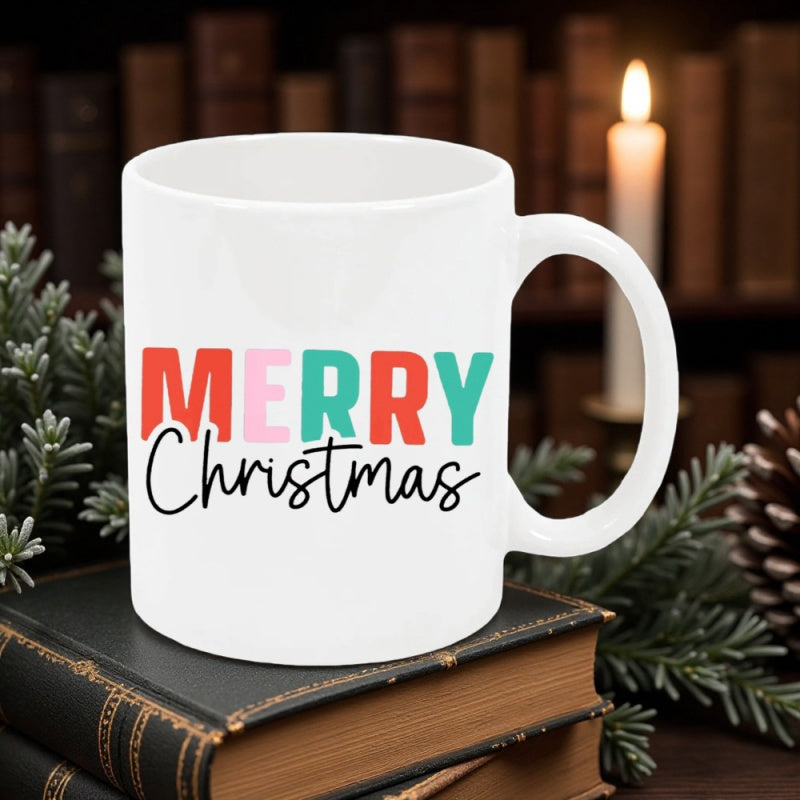 Tailorly White Ceramic 11 oz Mug - Merry Christmas Vibrant Holiday Typography Printed On A Smooth Mug
