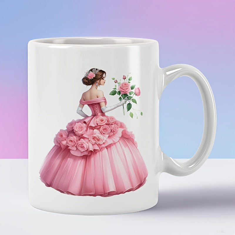 Tailorly White Ceramic 11 oz Mug - Elegant Woman In Pink Rose Gown Holding A Beautiful Floral Bouquet Princess
