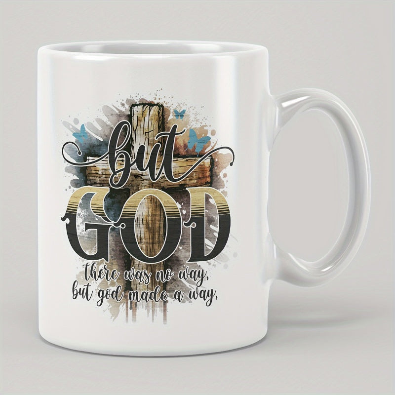 Tailorly White Ceramic 11 oz Mug - But God There Was No Way But God Made A Way Rustic Wooden Texture With Blue Butterflies Among Watercolor Splashes Cross