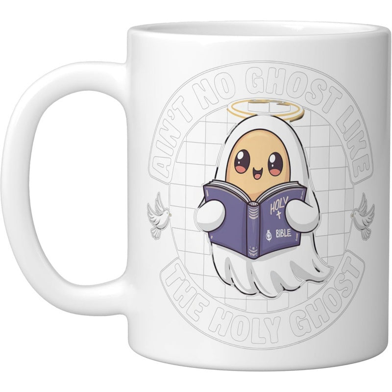 Tailorly White Ceramic 11 oz Mug - Aint No Ghost Like The Holy Ghost Adorable Cartoon Spirit Reading Sacred Scripture Among Peaceful Flying Doves Ghost
