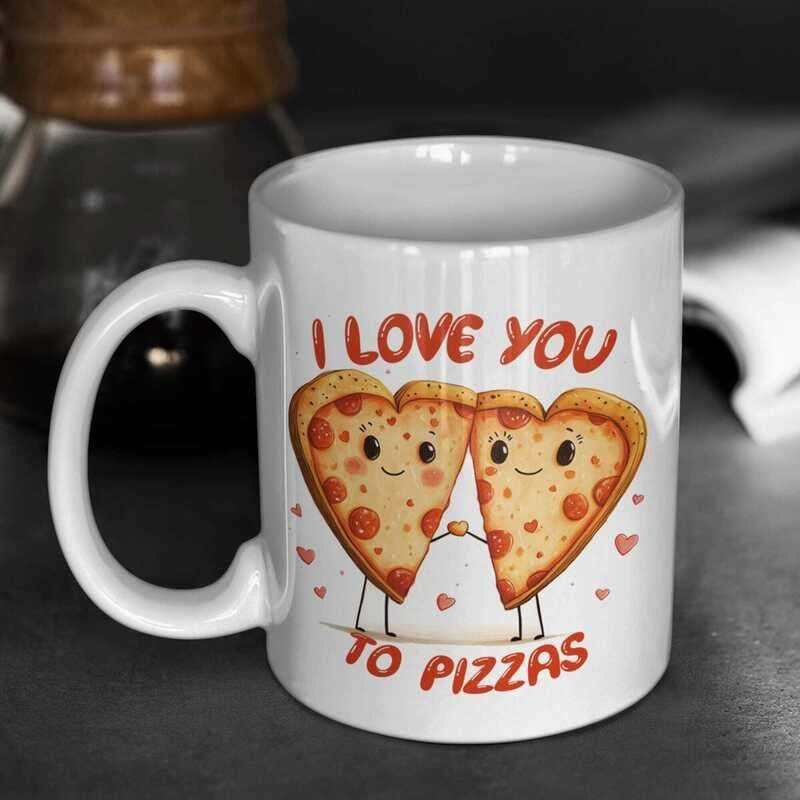 Tailorly White Ceramic 11 oz Mug - I Love You To Pizzas Two Cute Heart Shaped Slices Holding Hands Among Hearts Pizza
