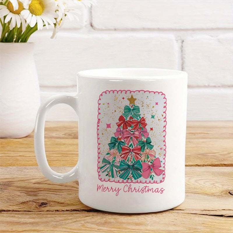 Tailorly White Ceramic 11 oz Mug - Merry Christmas Vibrant Colorful Bows Stacked Intricately To Form A Festive Holiday Tree