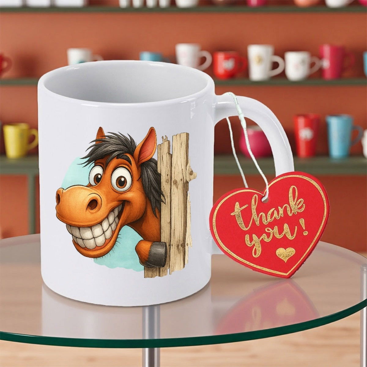 Tailorly White Ceramic 11 oz Mug - Thank You Cartoon Brown Smiling Horse Peeking From Behind A Weathered Wooden Fence Horse