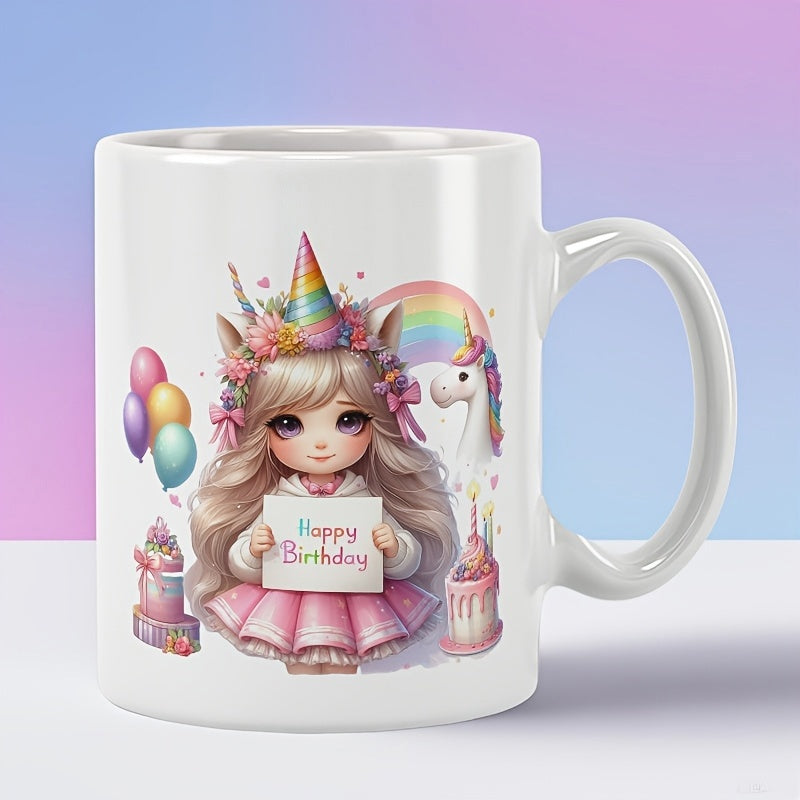 Tailorly White Ceramic 11 oz Mug - Happy Birthday Magical Girl Wearing Unicorn Horn Among Rainbow And Festive Birthday Cakes Girl