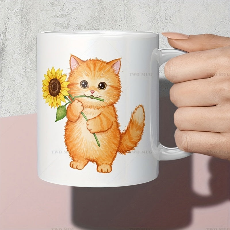 Tailorly White Ceramic 11 oz Mug - Adorable Orange Tabby Standing While Holding A Bright Yellow Blooming Sunflower Kitten