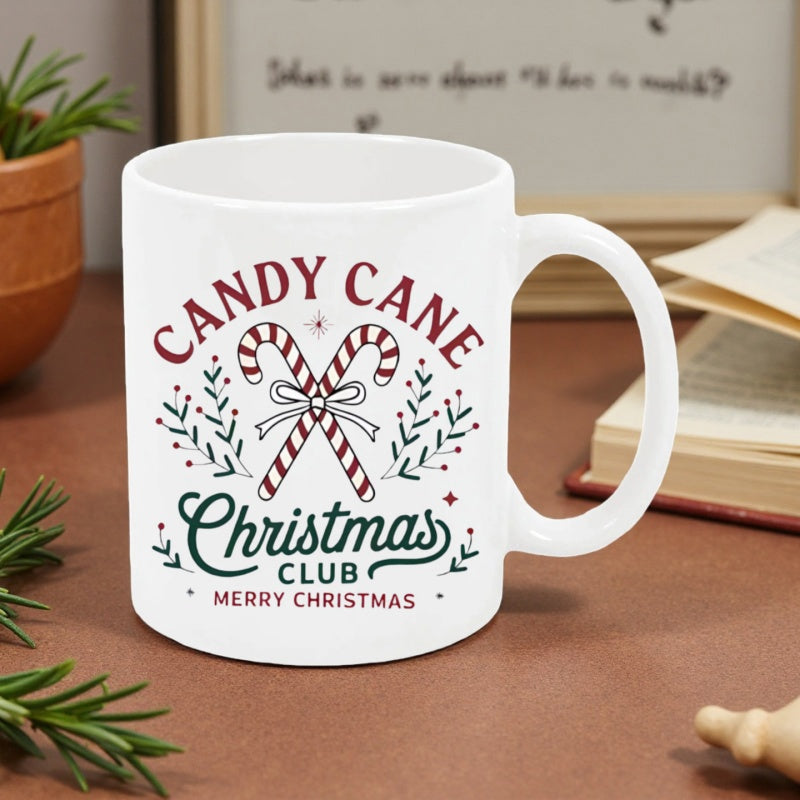 Tailorly White Ceramic 11 oz Mug - Candy Cane Christmas Club Merry Christmas Festive Red Striped Sweets Tied With Bow Among Green Pine Sprigs Candy Cane