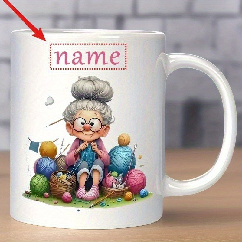 Tailorly White Ceramic 11 oz Mug - Name Peaceful Elderly Woman Knitting Among Many Colorful Balls Of Yarn Grandmother
