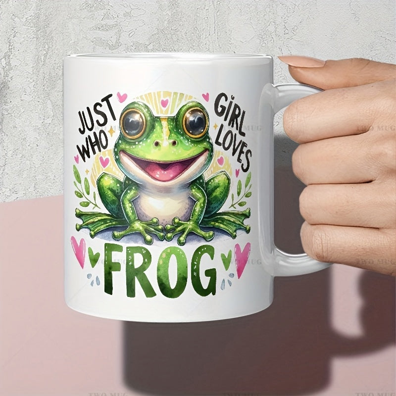 Tailorly White Ceramic 11 oz Mug - Just A Girl Who Loves Frog Adorable Smiling Cartoon Character Among Hearts And Greenery Frog