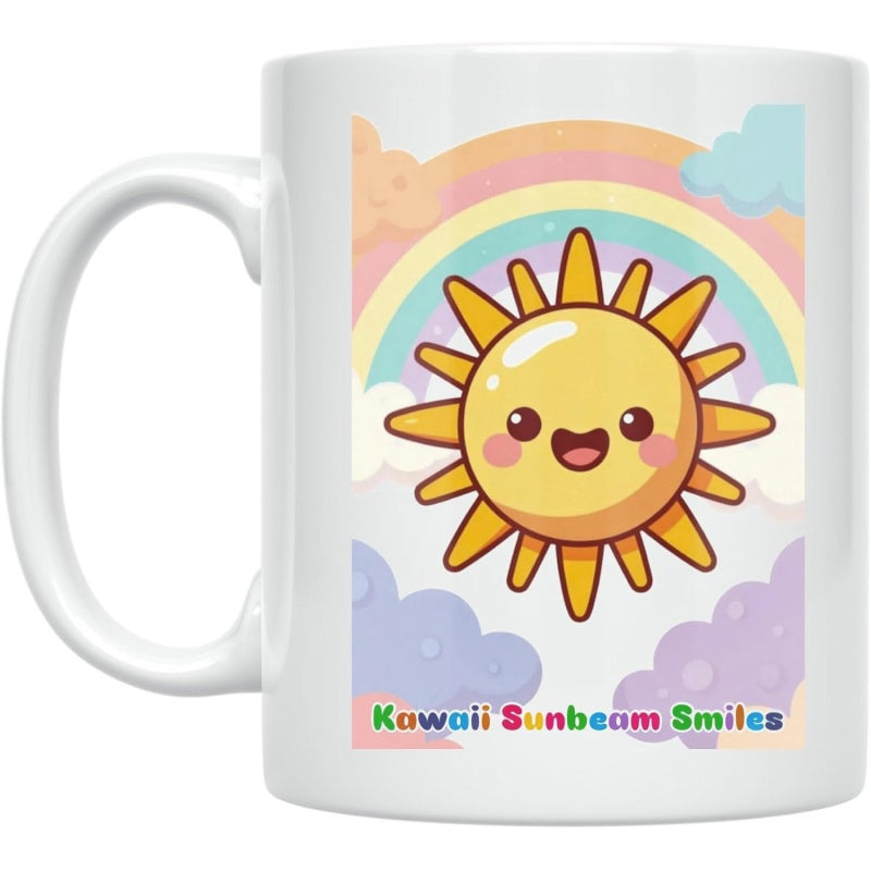Tailorly White Ceramic 11 oz Mug - Kawaii Sunbeam Smiles Bright Colorful Rainbow Over Fluffy Clouds With A Happy Smiling Sun