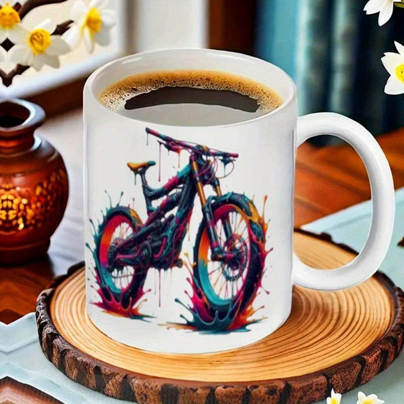 Tailorly White Ceramic 11 oz Mug - Colorful Artistic Mountain Bike With Vibrant Paint Splatters And Dynamic Motion Bicycle