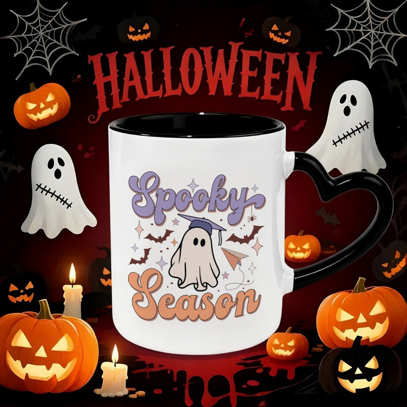 Tailorly Black Accent 11 oz Mug - heart shaped handle， halloween， spooky theme