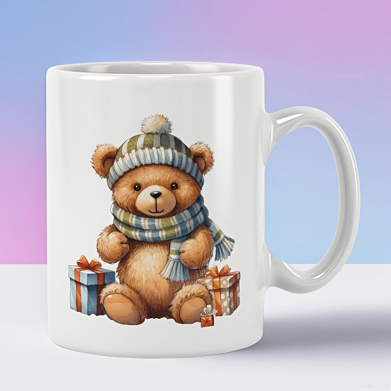 Tailorly White Ceramic 11 oz Mug - Adorable Fluffy Brown Teddy With Winter Scarf And Gift Boxes Sitting Bear