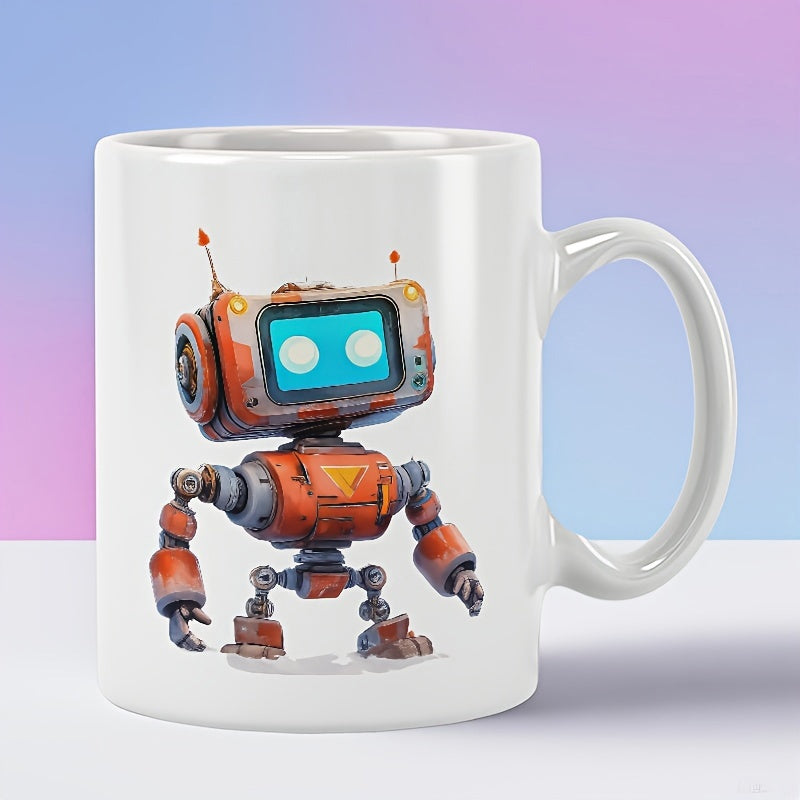 Tailorly White Ceramic 11 oz Mug - Charming Retro Style Orange Mechanical Robot With Glowing Blue Screen Face Robot