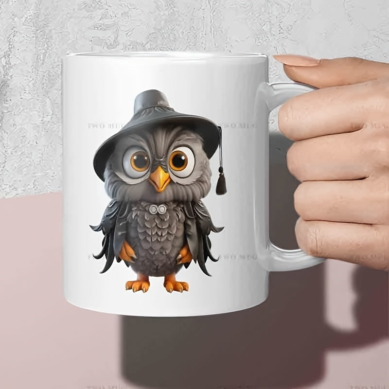 Tailorly White Ceramic 11 oz Mug - Adorable Cartoon Wizard Bird Wearing A Dark Pointed Hat And Standing Firmly Owl