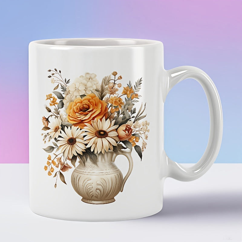 Tailorly White Ceramic 11 oz Mug - Elegant Vintage Pitcher With Blooming Sunflowers And Roses Flower