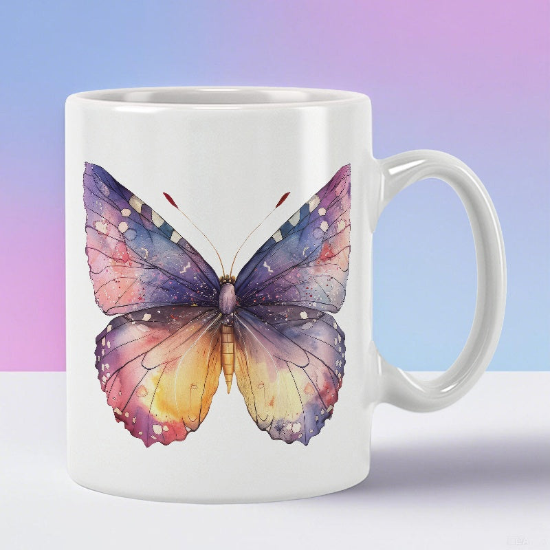 Tailorly White Ceramic 11 oz Mug - Vibrant Watercolor Wings With Soft Purple And Yellow Hues Floating Butterfly