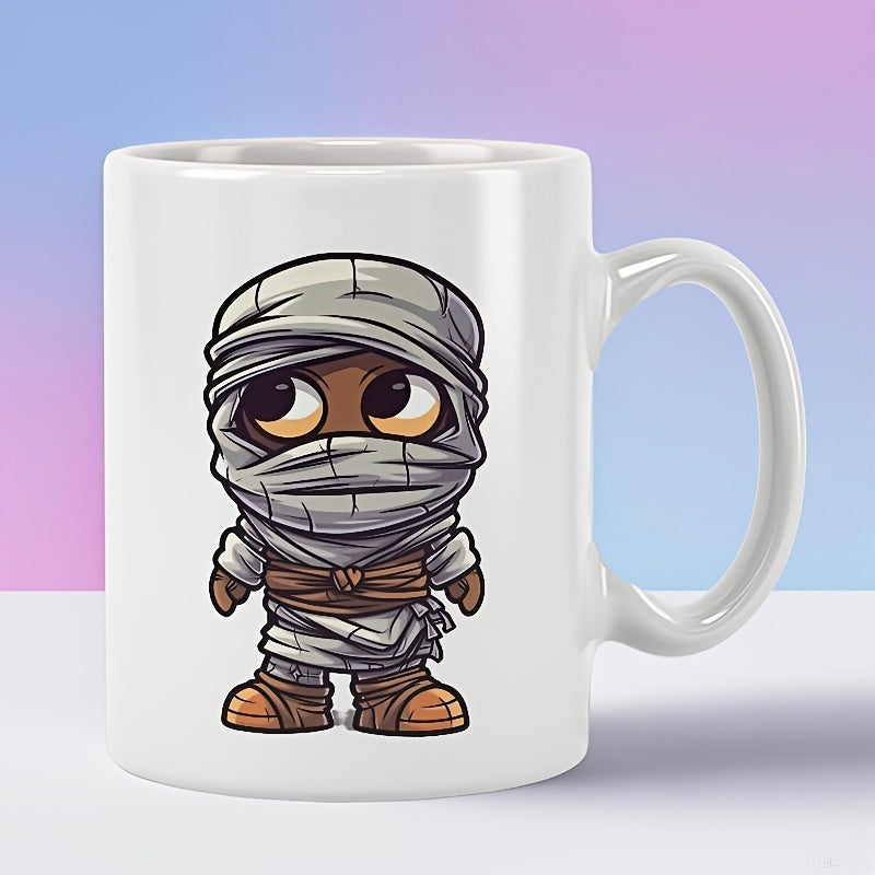 Tailorly White Ceramic 11 oz Mug - Adorable Chibi Style Ancient Wrapped Undead Creature Standing Still Cartoon Mummy