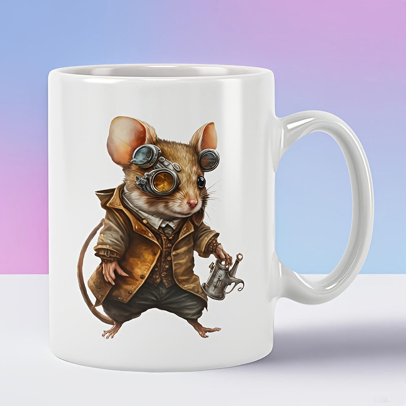 Tailorly White Ceramic 11 oz Mug - Intricate Steampunk Style With Detailed Leather Clothing And Metal Goggles Mouse