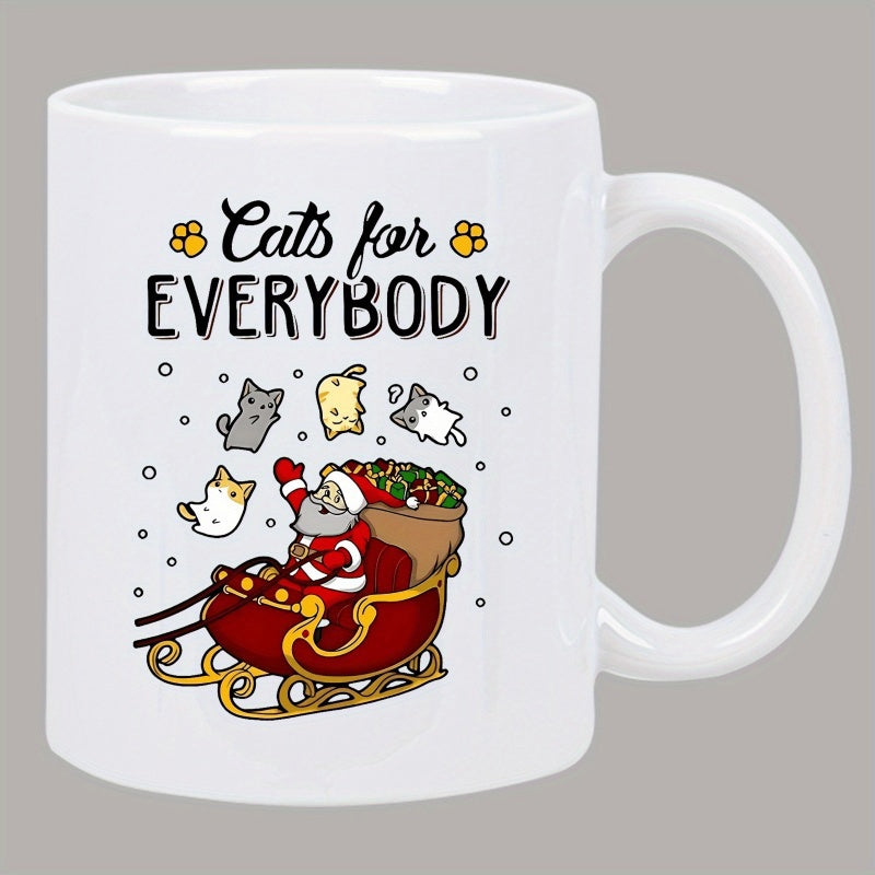 Tailorly White Ceramic 11 oz Mug - Cats For Everybody Cartoon Santa Riding Sleigh With Small Kittens Flying Under Winter Night Santa Claus