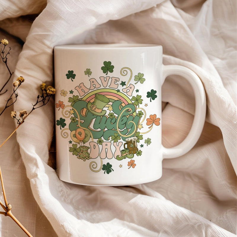 Tailorly White Ceramic 11 oz Mug - Have A Lucky Day Retro Green Shamrocks And Golden Rainbow With Festive Leprechaun Hat Shamrock