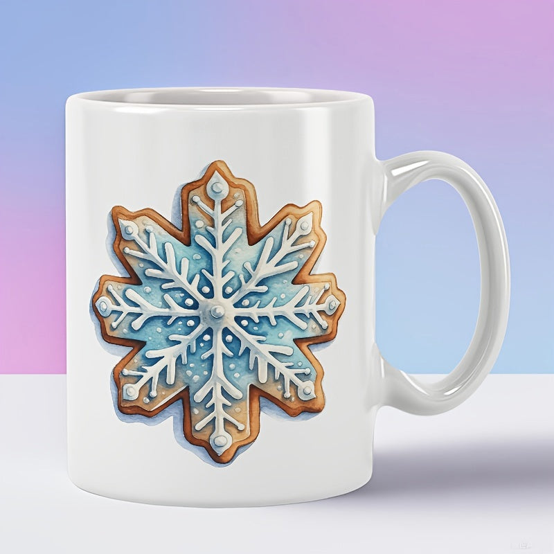 Tailorly White Ceramic 11 oz Mug - Traditional Gingerbread Cookie Style With Intricate White Icing Patterns And Blue Highlights Snowflake