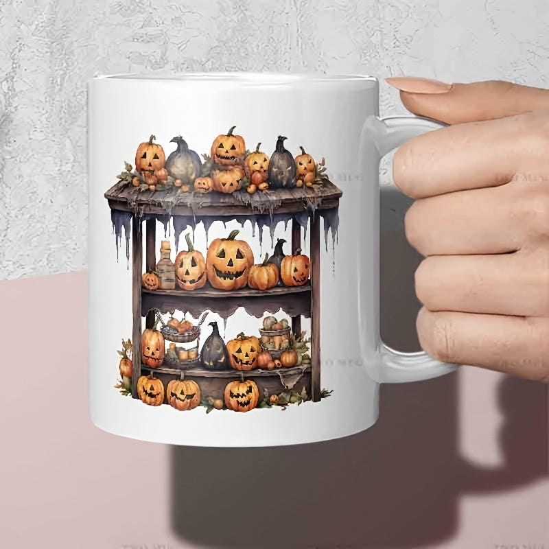 Tailorly White Ceramic 11 oz Mug - Vintage Halloween Wooden Shelf Display With Festive Carved Jack O Lanterns Pumpkin