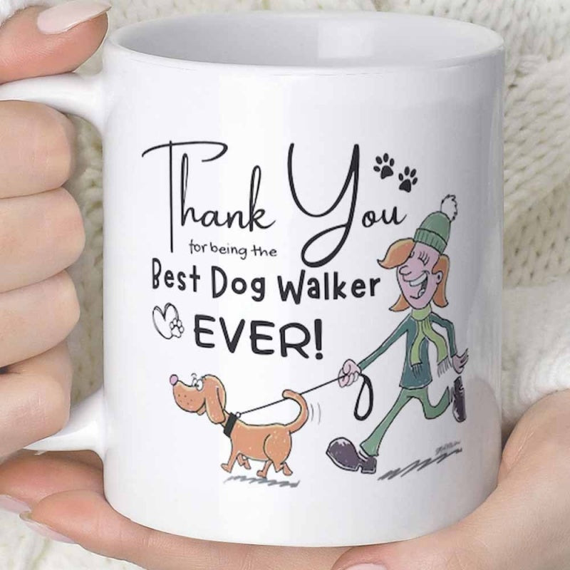 Tailorly White Ceramic 11 oz Mug - Thank You For Being The Best Dog Walker Ever Cartoon Person In Winter Gear Walking A Small Happy Brown Pet Dog