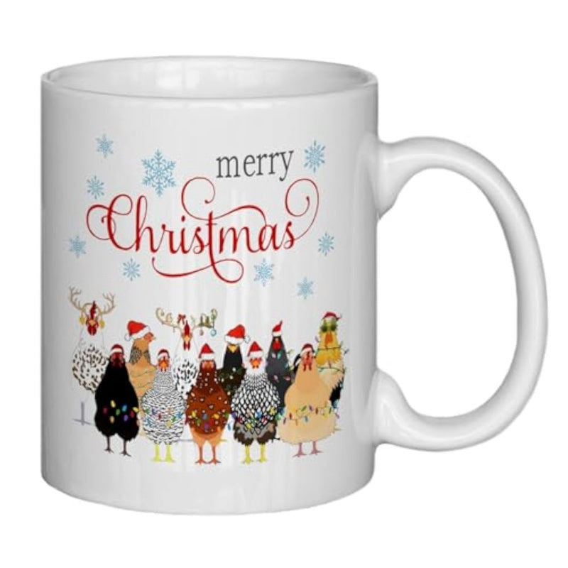 Tailorly White Ceramic 11 oz Mug - Merry Christmas Festive Hens Wearing Santa Hats Decorated With Holiday Lights Chicken