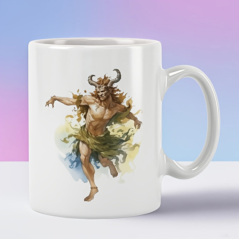 Tailorly White Ceramic 11 oz Mug - Dancing Mythological Creature With Horns And Earthy Tones In Watercolor Style Faun