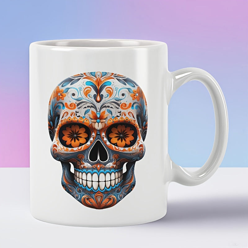 Tailorly White Ceramic 11 oz Mug - Intricate Colorful Floral Ornaments On Decorative Traditional Mexican Dia De Muertos Skull