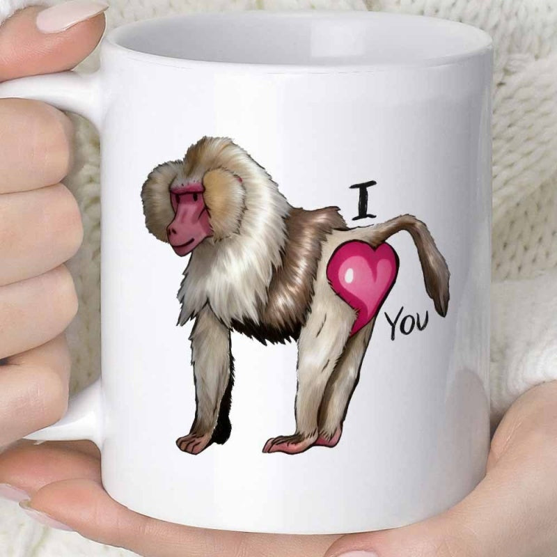 Tailorly White Ceramic 11 oz Mug - I You Funny Primate Standing With A Pink Heart On Rear Baboon