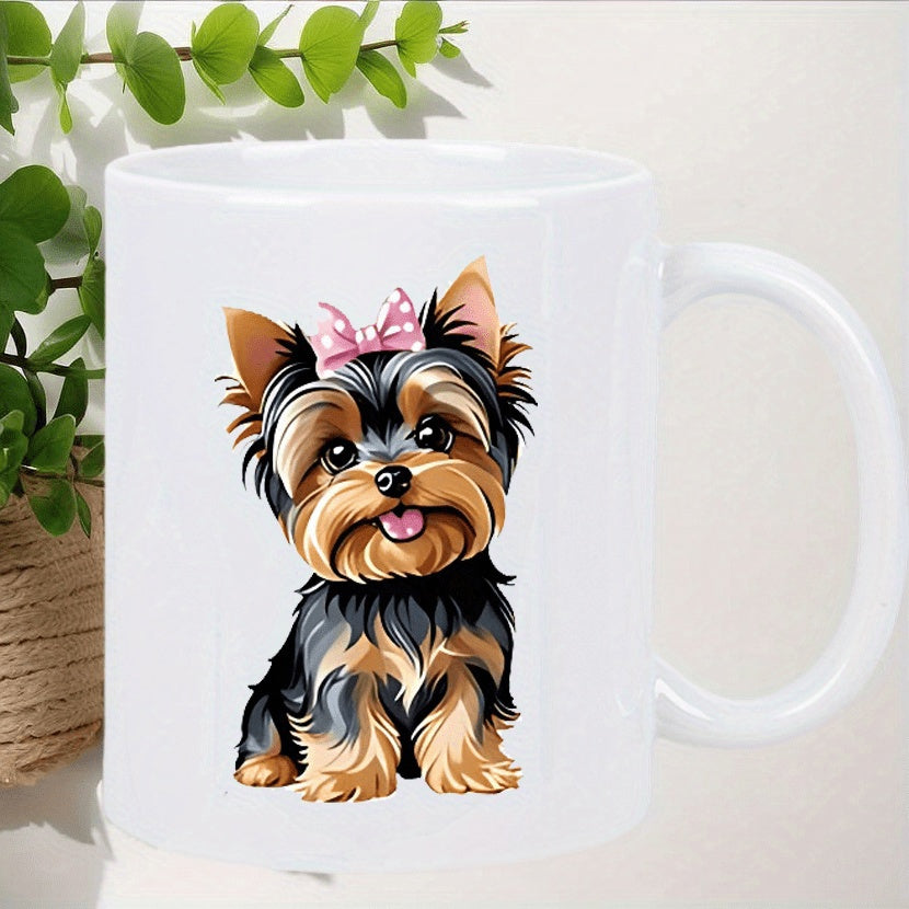 Tailorly White Ceramic 11 oz Mug - Adorable Little Puppy Wearing A Pink Polka Dot Bow Yorkshire Terrier