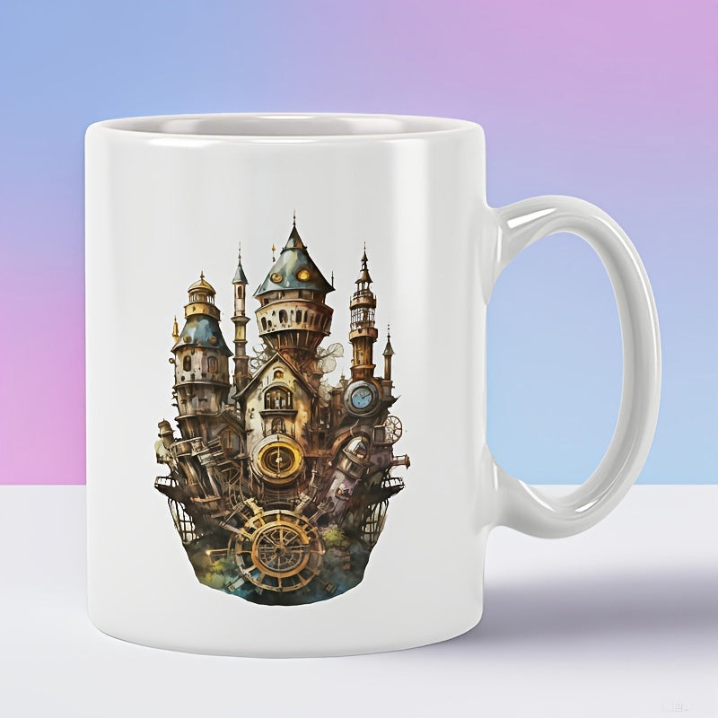 Tailorly White Ceramic 11 oz Mug - Intricate Steampunk Industrial Mechanical Gears With Ornate Spire Architectural Clockwork Castle