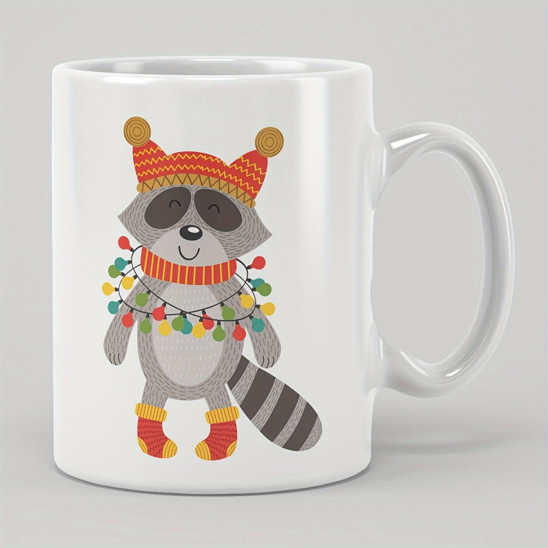 Tailorly White Ceramic 11 oz Mug - Adorable Winter Animal Wearing Colorful Festive Holiday Lights And Knitted Garments Raccoon