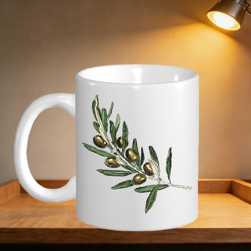 Tailorly White Ceramic 11 oz Mug - Artistic Botanical Illustration With Green Leaves And Dark Ripened Fruit Branch