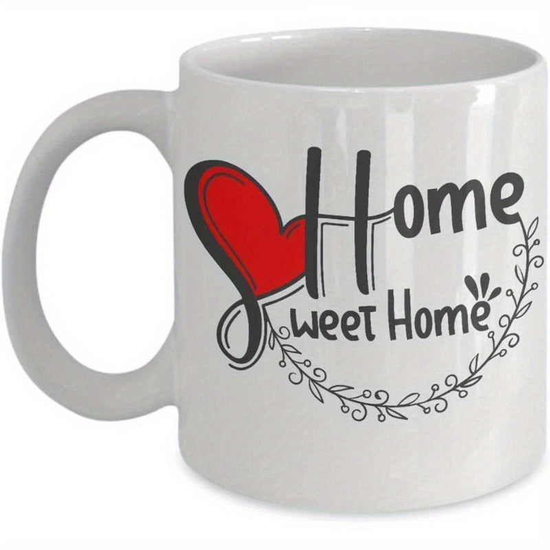 Tailorly White Ceramic 11 oz Mug - Home Sweet Home Heart Shaped Silhouette With Delicate Vine Wreath Border Leaves Heart