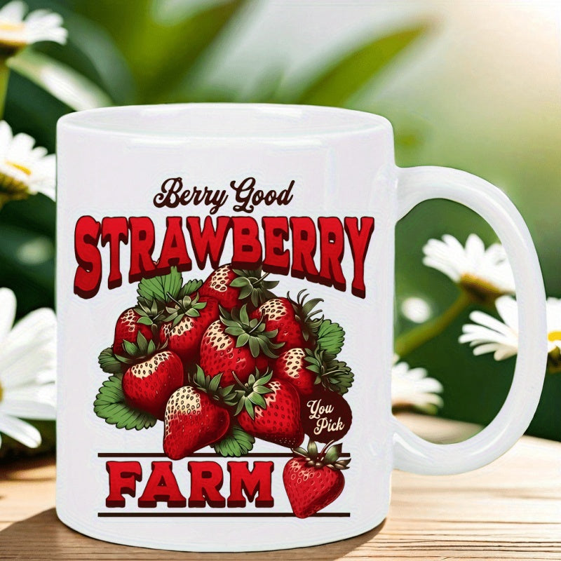 Tailorly White Ceramic 11 oz Mug - Berry Good Strawberry Farm Fresh Red Berries With Green Leaves Growing On The Farm Strawberry