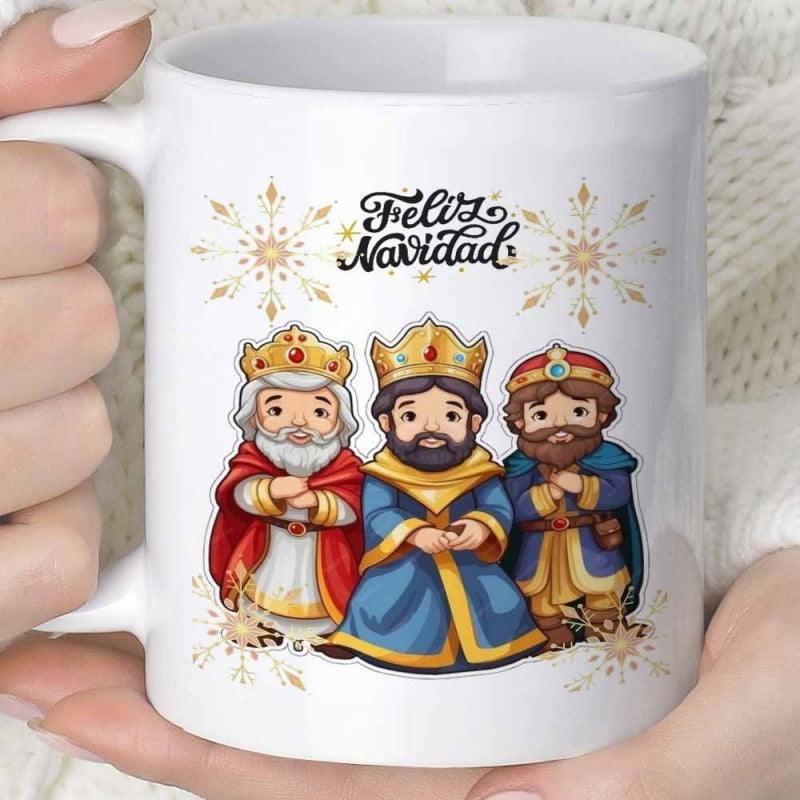 Tailorly White Ceramic 11 oz Mug - Three Cartoon Wise Men Wearing Golden Crowns Among Decorative Golden Snowflakes Kings