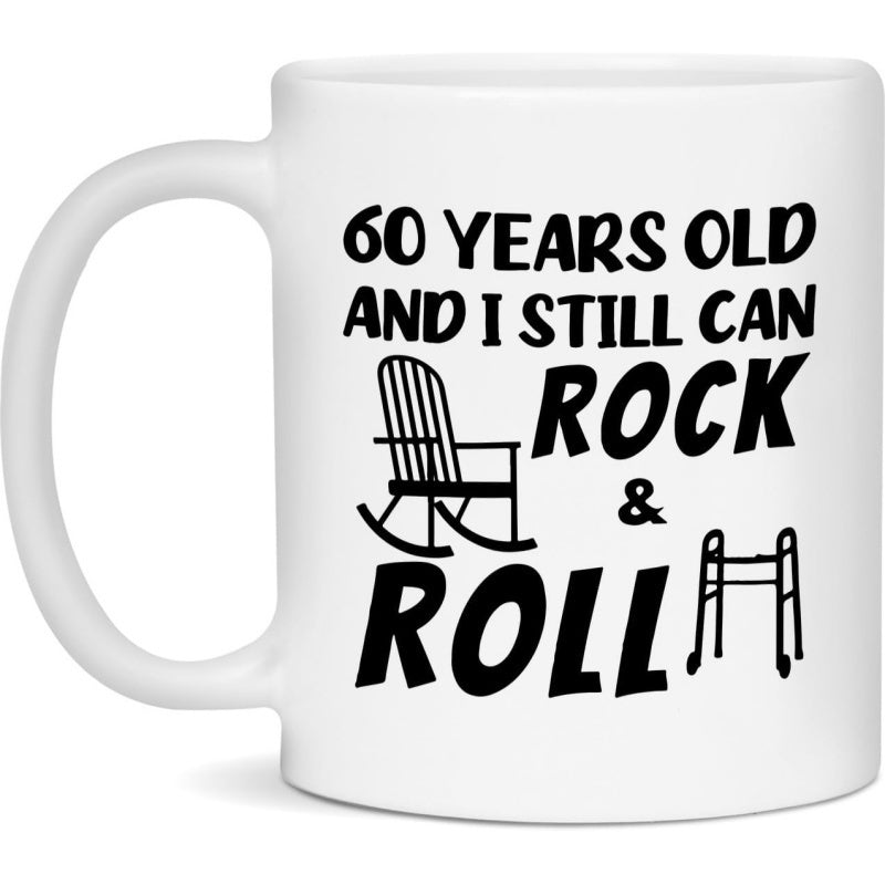 Tailorly White Ceramic 11 oz Mug - 60 Years Old And I Still Can Rock Roll Minimalist Black Line Art Featuring Rocking Chair And Walker Mug