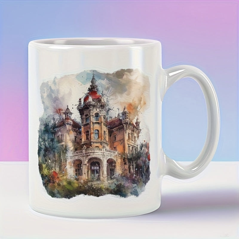 Tailorly White Ceramic 11 oz Mug - Detailed Watercolor Illustration Of A Majestic Ancient European Manor House Castle