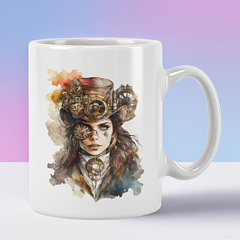 Tailorly White Ceramic 11 oz Mug - Artistic Steampunk Style Illustration Featuring Gears And Vintage Clockwork Woman