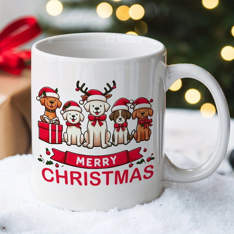 Tailorly White Ceramic 11 oz Mug - Merry Christmas Festive Dogs Wearing Santa Hats And Reindeer Antlers Gathering Together Dog